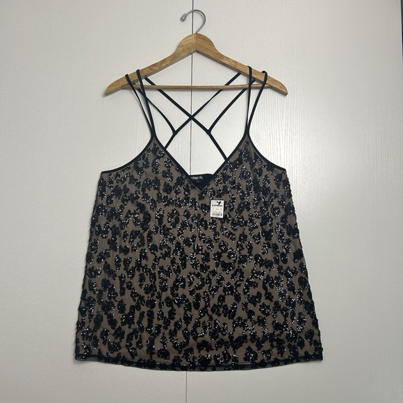 Express Tops - Express Black Sequin V-Neck Spaghetti Strap Camisole Tank Top Size L Glam NWT